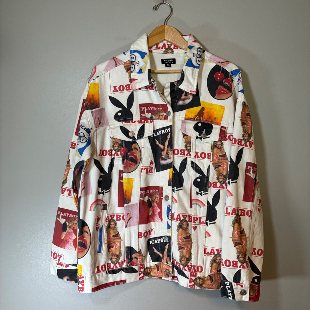 Playboy PacSun Magazine Cover Collage Denim Trucker Jacket White Mens ML